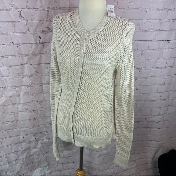 NWT LOFT outlet gold metallic Cream Women's Cardigan Sweater open knit sz M - Picture 1 of 8